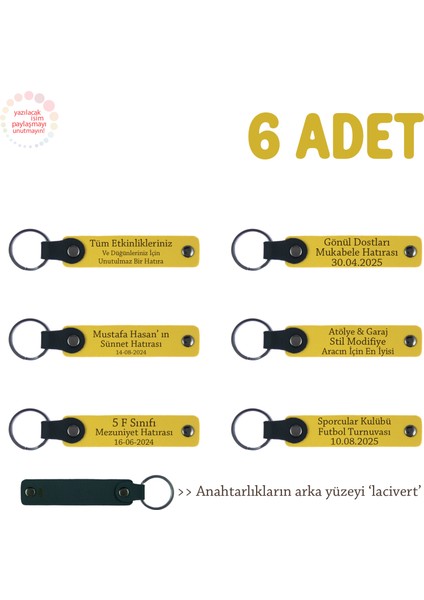Sarı & Laci, Aile Günlerinde Sunulacak Şık Hediyelik, 6’lı Set, Kişiye Özel Yazılı Deri Anahtarlık