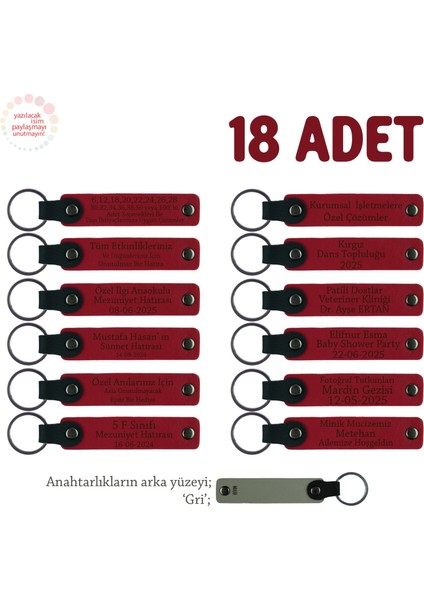 Kitap Okuma Yarışması Katılımcılarına, 18'li Set, Isme Özel Yazılı Deri Anahtarlık, Kırmızı & Gri