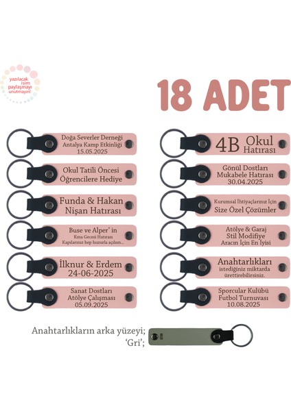 Öğrencilerin Birlikte Paylaşabileceği, 18'li Anahtarlık Set, Isme Özel Hatıra, Pudra & Gri