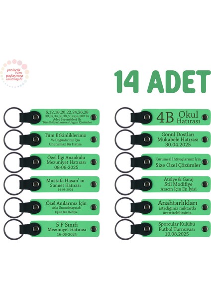 Matematik Kulübü Etkinliği Hatırası, 14'lü Set, Öğrenci Ismi Yazılı Deri Anahtarlık, Fıstık Yeşil