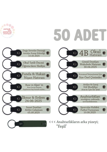 Üniversite Mezuniyet Partisi Anısı, 50'li Set, Öğrenci Ismi Yazılı Hatıra Anahtarlık, Beyaz & Yeşil