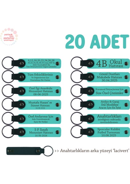 Eğitimcilerden Öğrencilerine Özel Hediye 20'li Set, Isimler Yazılabilen Anahtarlık, Turkuaz & Laci