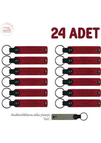 Arkadaşlar Arası Veda Günü Hatırası, 24'lü Set, Kişiye Özgü Yazılı Deri Anahtarlık, Kırmızı & Gri
