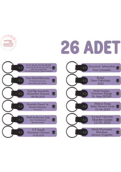 Tüm Okul Mezuniyetine Uygun, 26'lı Set, Kişiye Özel Yazılı Deri Hediyelik Anahtarlık, Mor Menekşe