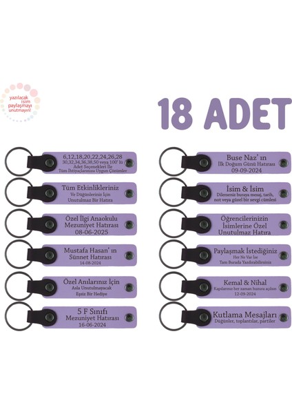 Okul Etkinliklerine Katılanlara Özel 18'li Set, Kişisel Mesajlı Deri Hatıra Anahtarlık, Mor Menekşe