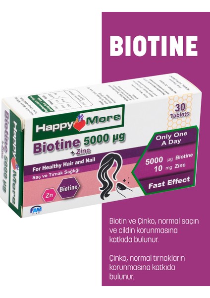 HappyMore Biotin ve Çinko içeren 30 Tablet Takviye Edici Gıda fiyatları