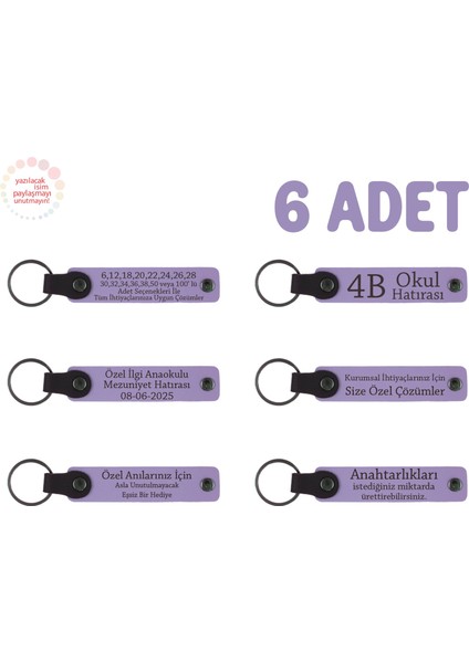 Aile Bireylerine Özel Hediyelik, 6'lı Set, Farklı Isimler Yazılı Deri Anahtarlık, Mor Menekşe