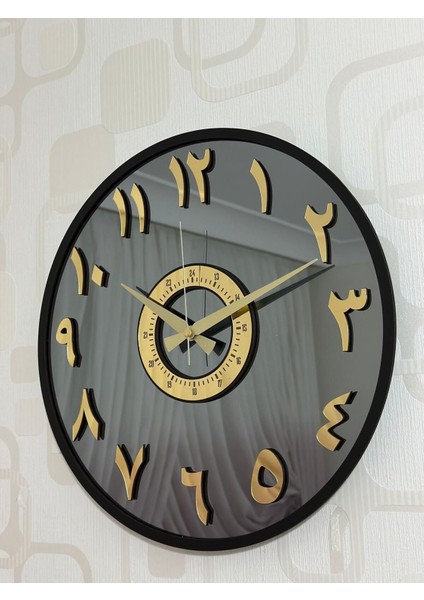 Aynalı Duvar Saati 40 cm Modern Tasarım Siyah Gold Füme Arapça Detay