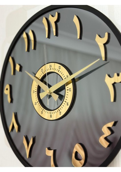 Aynalı Duvar Saati 40 cm Modern Tasarım Siyah Gold Füme Arapça Detay fiyatları