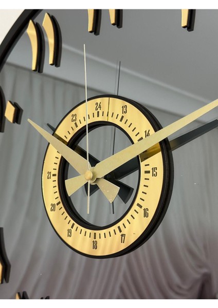 Aynalı Duvar Saati 40 cm Modern Tasarım Siyah Gold Füme Arapça Detay modelleri
