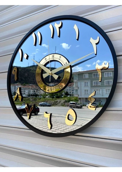 Aynalı Duvar Saati 40 cm Modern Tasarım Siyah Gold Füme Arapça Detay indirimleri