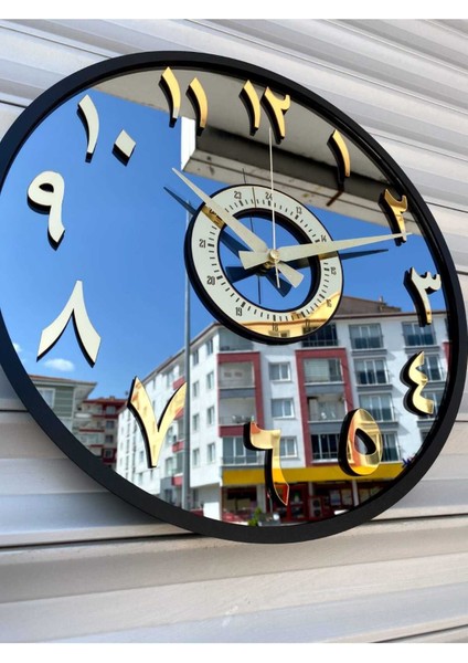 Aynalı Duvar Saati 40 cm Modern Tasarım Siyah Gold Füme Arapça Detay