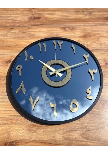 Aynalı Duvar Saati 40 cm Modern Tasarım Siyah Gold Füme Arapça Detay