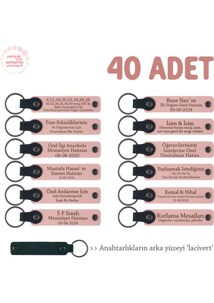 Sünnet Düğünü Hatırası, 40'lı Set, Kişiye Özel Isim Yazılı Deri Anahtarlık, Pudra & Lacivert