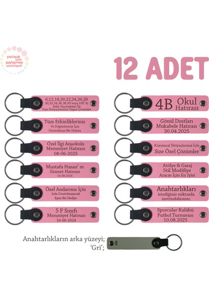 Pembe & Gri, Yıl Sonunda Öğretmene Veda Hediyesi 12'li Set Öğrenci Isimleri Yazılı Anahtarlık