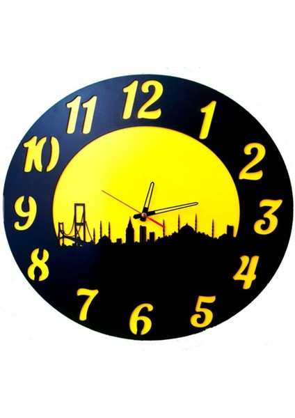 Şık Ahşap Lazer Kesim Desenli Duvar Saati, Sarı-Siyah Renkli Dekoratif Parça
