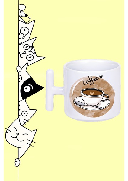 Love Coffee Fincan Kalp Tasarım Baskılı Beyaz T Sap Kupa Bardak