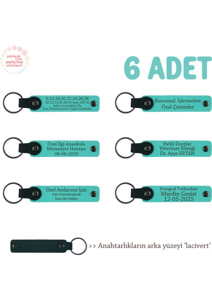 Mini Kutlamalar Için Unutulmaz Hediye, 6'lı Set, Kişiye Özel Yazılı Deri Anahtarlık, Turkuaz & Laci