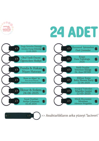 Toplu Hediye Vermek Isteyenler Için 24'lü Set, Isim Yazılan Deri Anahtarlık, Turkuaz & Lacivert