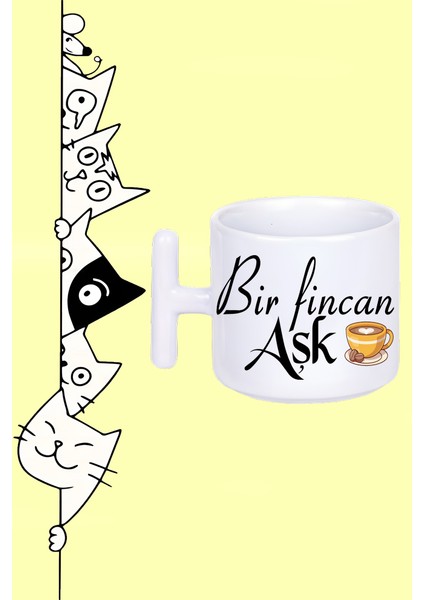 Bir Fincan Aşk Tasarım Baskılı Beyaz T Sap Kupa Bardak