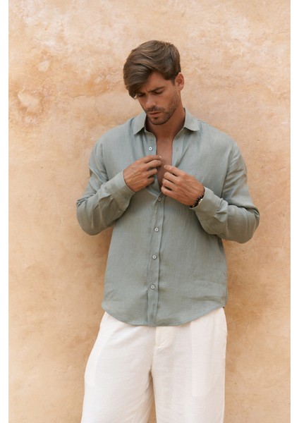 Agnola Oversize Erkek Mint Keten Gömlek