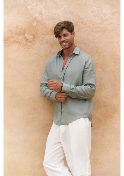 Agnola Oversize Erkek Mint Keten Gömlek modelleri