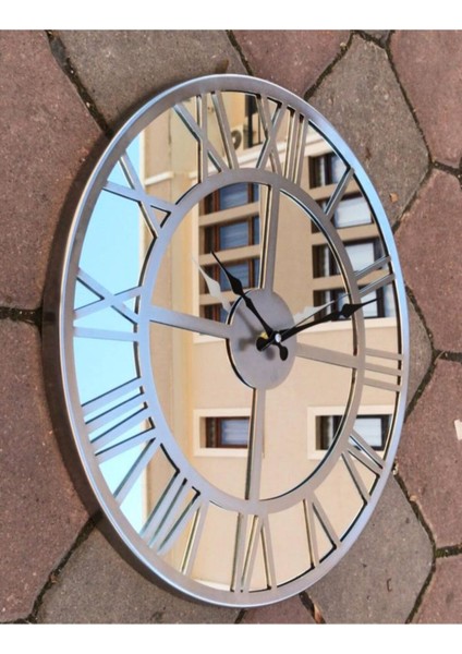 Aynalı Metal Duvar Saati, Gri, Çap 50 Cm, Şık ve Modern Tasarım