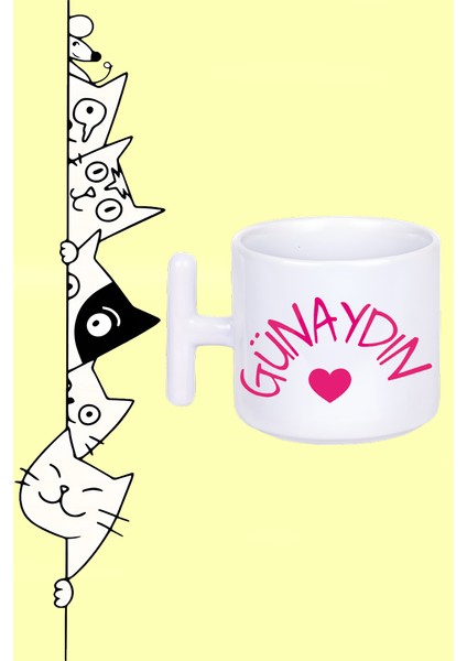 Günaydın Kalp Tasarım Baskılı Beyaz T Sap Kupa Bardak