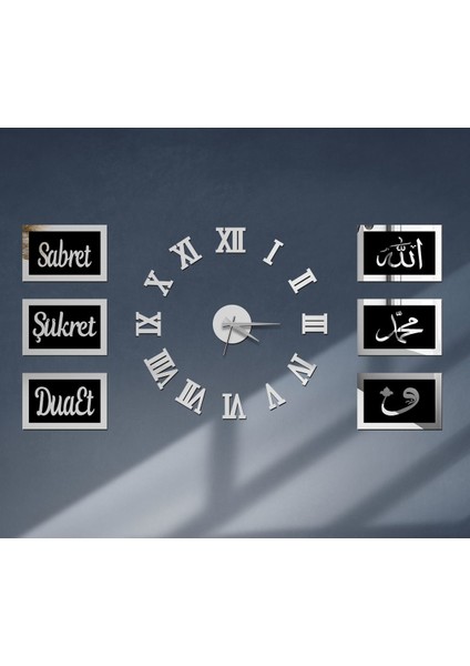 Akrilik Aynalı 3D Roma Rakamlı Modern Duvar Saati, Siyah-Gümüş Renkli