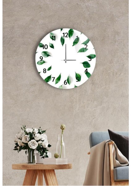 Beyaz ve Yeşil Yaprak Detaylı 37 cm Cam Duvar Saati, Şık ve Doğal Dekorasyon.