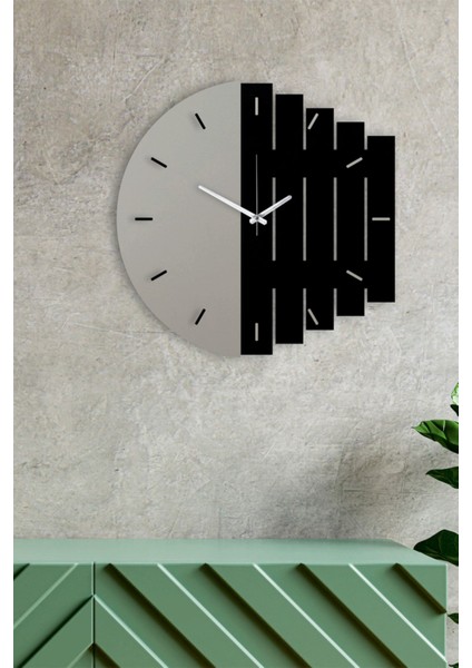 Modern Ahşap Duvar Saati, Gri-Siyah Renk, Şık ve Dekoratif Tasarım