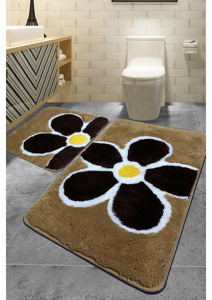 Flower Gri 2'li Set Banyo Halısı Paspas Seti Akrilik