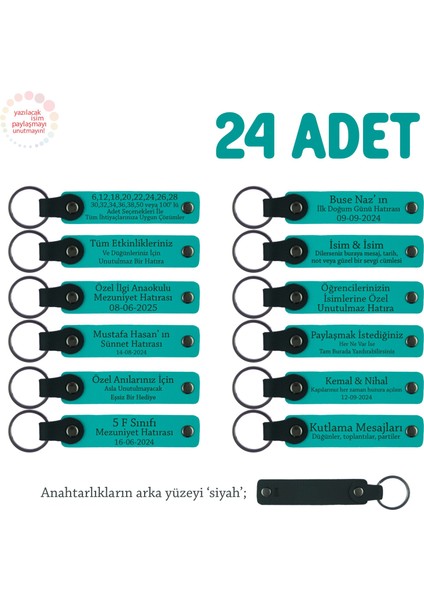Müşterilerinize Kurumsal Hediye, 24'lü Set, Isim Yazılabilir Deri Anahtarlık, Koyu Turkuaz & Siyah