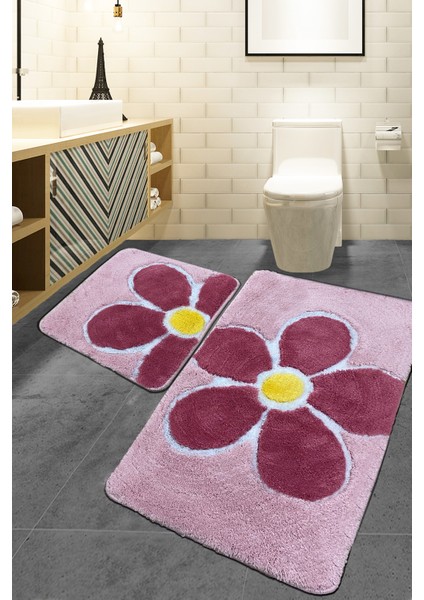 Flower Gri 2'li Set Banyo Halısı Paspas Seti Akrilik