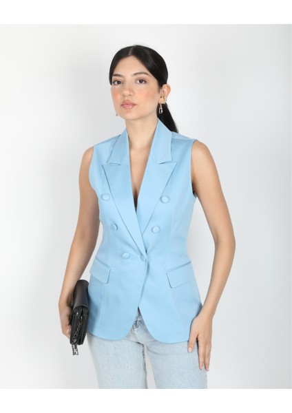 Kadın Mavi Düğme Detaylı Blazer Yelek