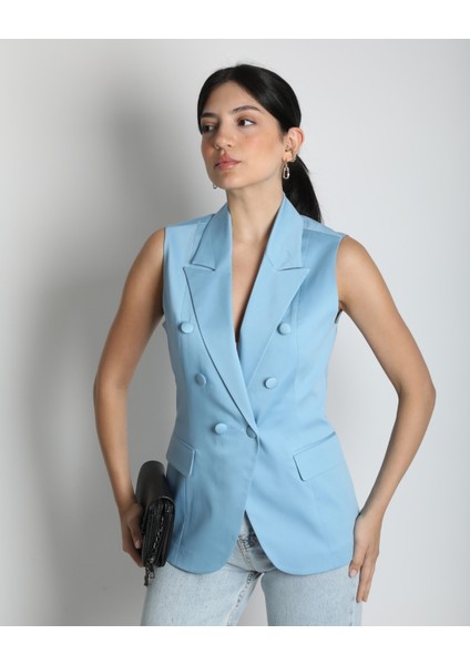 Kadın Mavi Düğme Detaylı Blazer Yelek modelleri