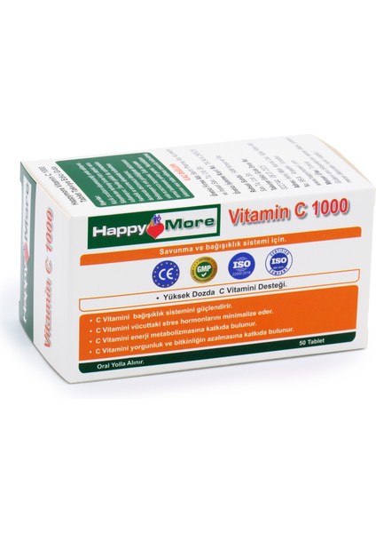 HappyMore 1000 mg Vitamin C içeren 50 Çentikli Tablet Takviye Edici Gıda indirimleri