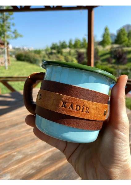 (Isim Yazıyoruz) Deri Kaplı Emaye Kamp Bardağı / Mug / Kupa