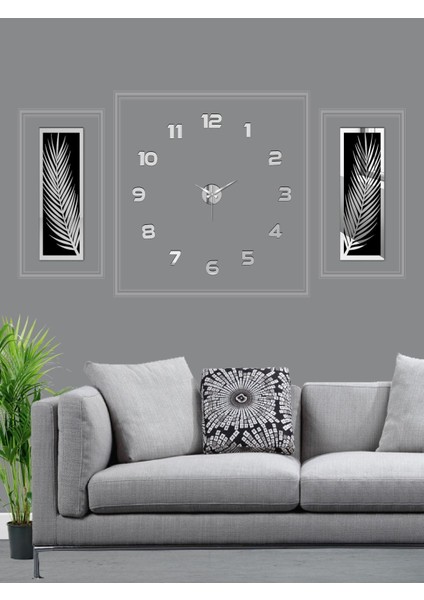 3 Parçalı Akrilik Aynalı Palmiye Yapraklı Duvar Saati Seti