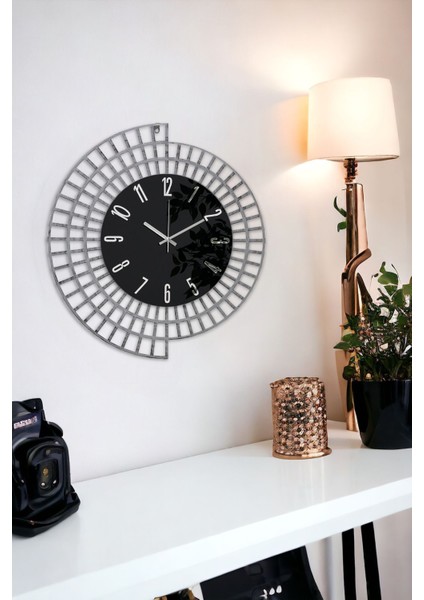 60 cm Metal Çerçeve Dekoratif Duvar Saati, Siyah-Gri Şık Tasarım