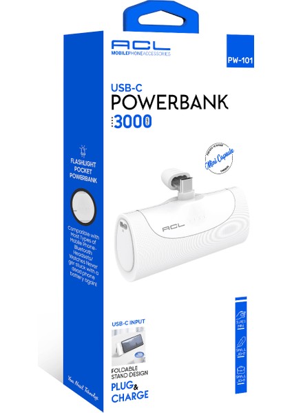 PW-101 Mini Kapsül Powerbank 3000MAH Beyaz | Usb-C Giriş & Çıkış | LED Göstergeli | Telefon Standı Tasarımı