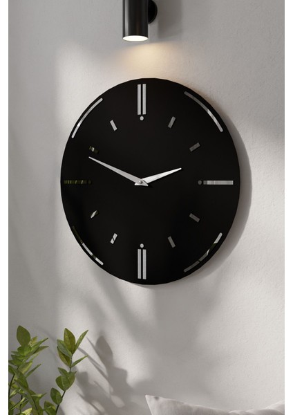 Şık Ahşap Aynalı Pleksili Modern Duvar Saati Siyah