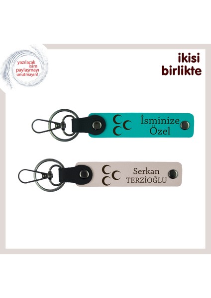 Yeni Evli Gençlere Hediye – Üç Hilal Desenli Anahtarlık Takımı, Koyu Turkuaz-Pudra