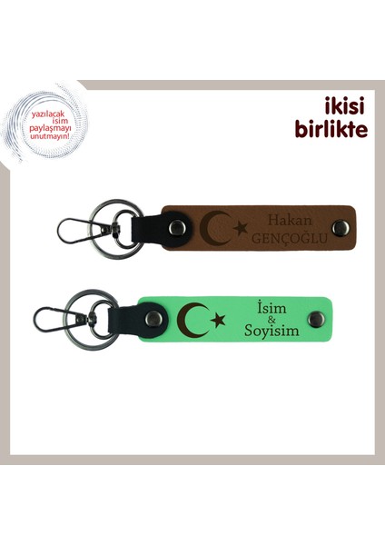 Kişisel Hatıralar Için Ay Yıldız Desenli– Isim Soyisimli 2’li Anahtarlık Hediye, Açık Kahve-Yeşil