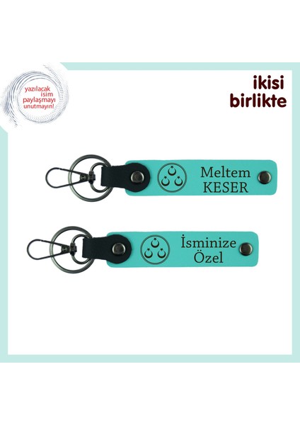Milli Ruhu Yansıtan Özel Hediye, Üç Ayyıldızlı Deri Anahtarlık Takım, Isim Yazılı, Turkuaz-Turkuaz