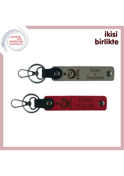 Kardeşe Askerlik Anısı, Ayyıldız Kurt Göktürk Desenli Isimli Deri Anahtarlık Takımı, Kül Gri-Kırmızı