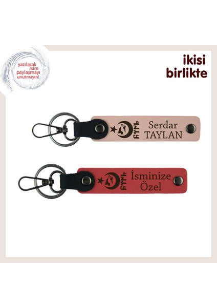 Özel Günlere Şık Tasarım Hediye – Ayyıldız Kurt Göktürk Deri Anahtarlık X2, Yavru Ağzı-Nar Çiçeği