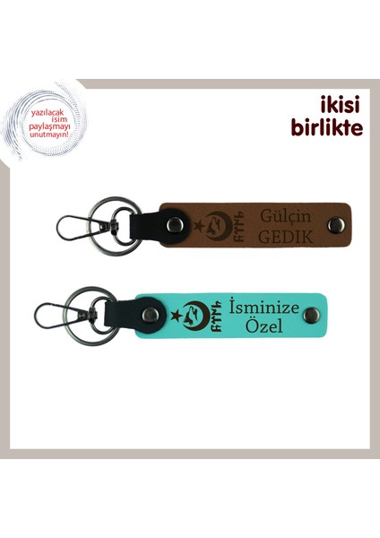 Doğum Gününe Özel, Ayyıldız Kurt Göktürk Desenli Kişisel Isimli 2’li Anahtarlık, Açık Kahve-Turkuaz