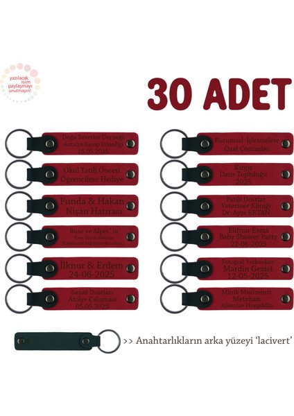 Kamp Ekibine Özel Üretim, 30'lu Set, Kişisel Isim Yazılı Hediye Deri Anahtarlık, Kırmızı & Lacivert