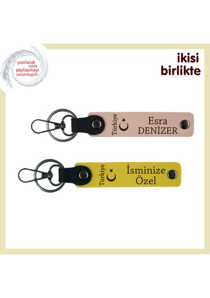 Gönülden Anlamlı Bir Hediye Ayyıldız ve Türkiye Kişisel Isimli Deri Anahtarlık X2, Yavru Ağzı-Sarı
